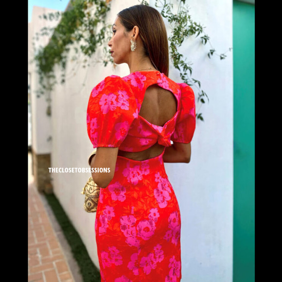 ZARA Open Back Mini Dress Puff Sleeve Fuchsia NWT - Picture 11 of 16